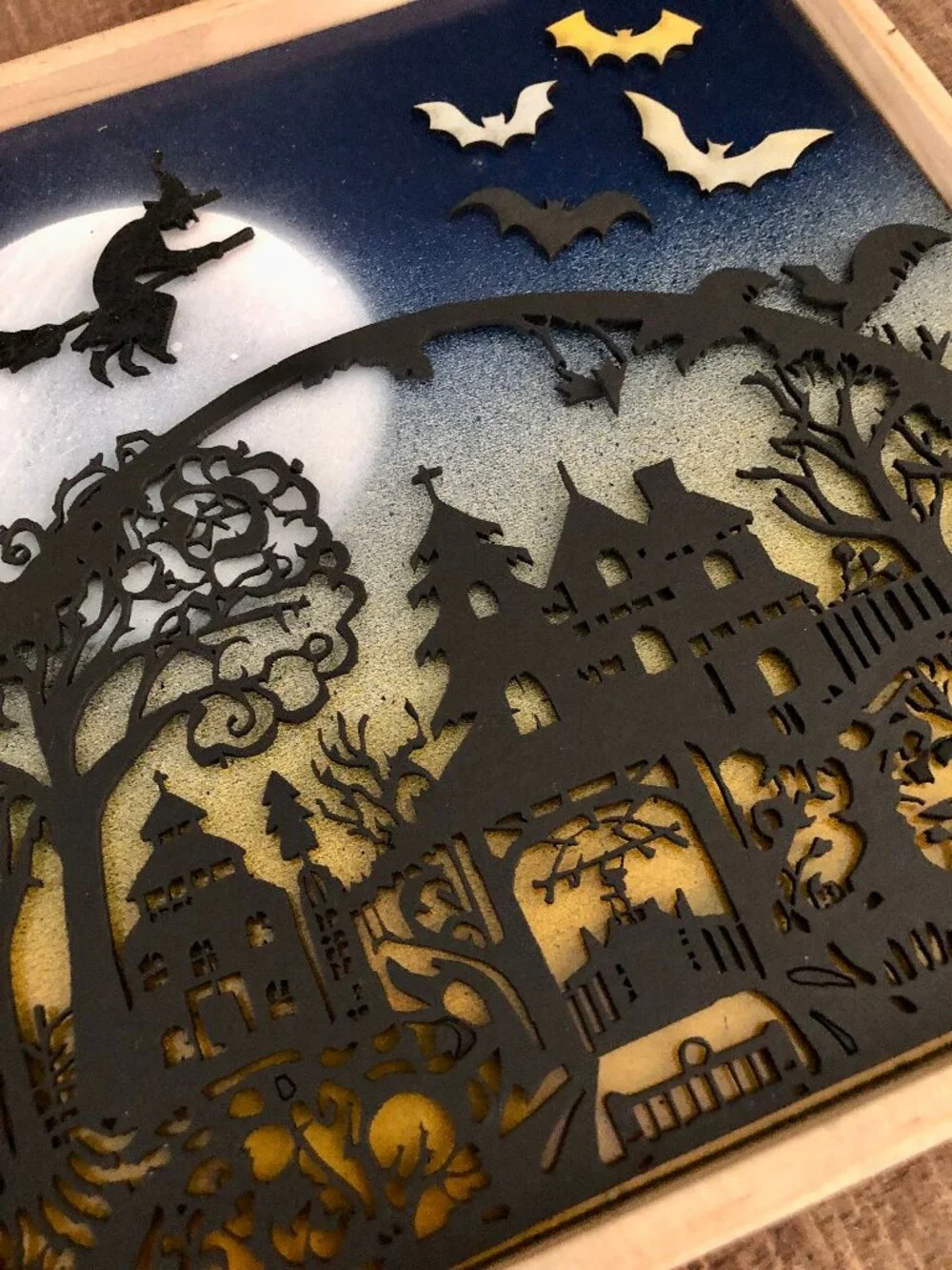 Halloween Hanging Wall Art, Haunted House, Flying Witch, Bats, Handmade